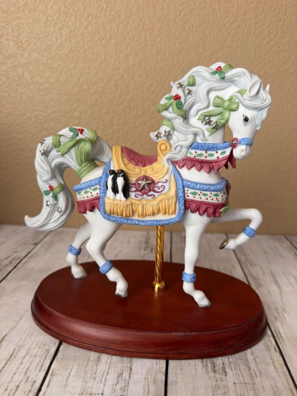 Lenox 2000 Porcelain Christmas Carousel Horse Figurine Penguins Saddle Wood Base